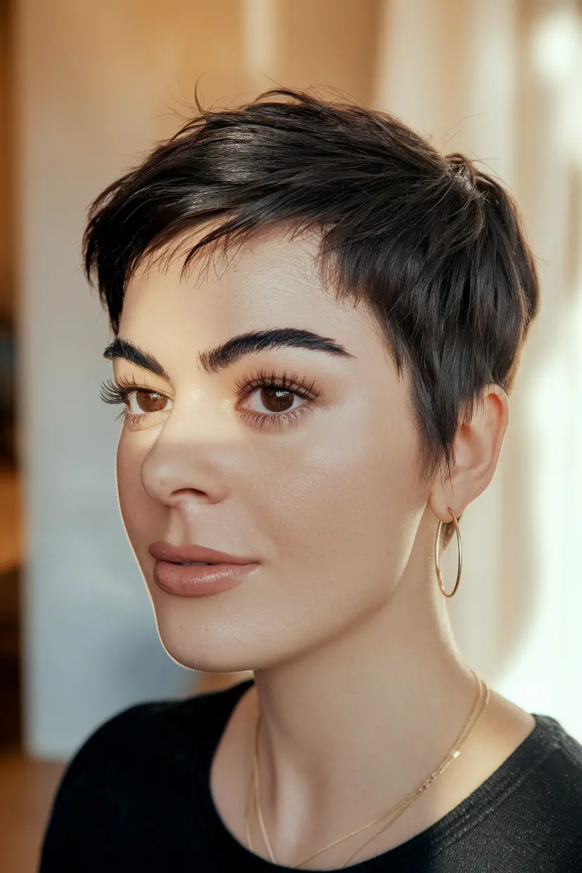 summer hair color for brunettes short pixie cuts bob haircuts Satin Brown Pixie with Glossy Definition