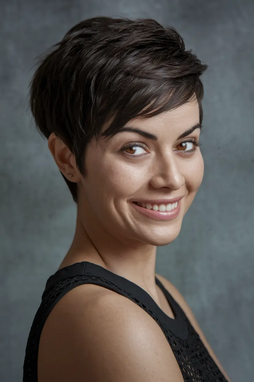 summer hair color for brunettes short pixie cuts bob haircuts Chocolate Layered Pixie with Side Sweep Ease