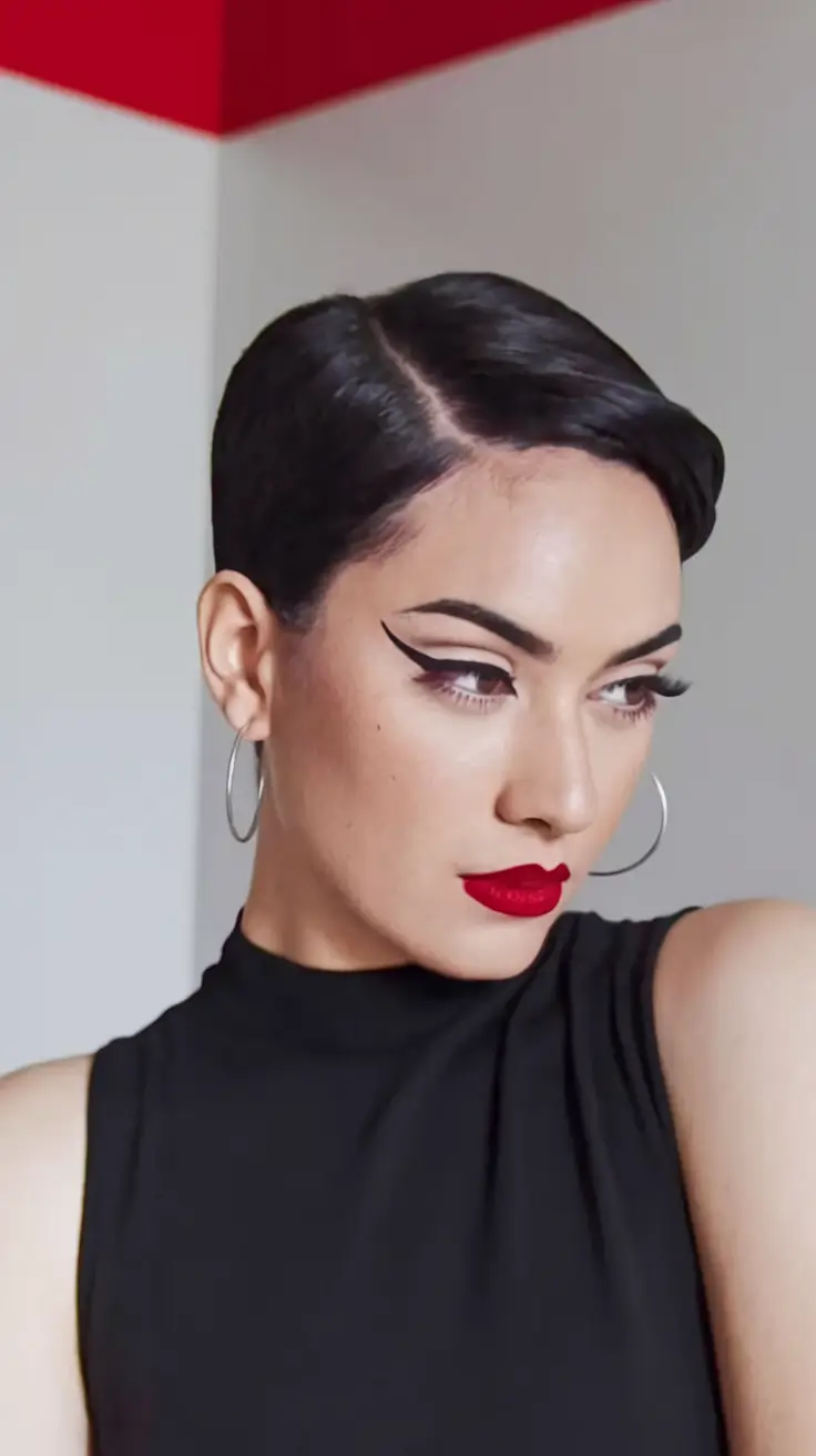 summer hair color for brunettes short pixie cuts bob haircuts straight Jet Black Slick Pixie with Retro Glam Part