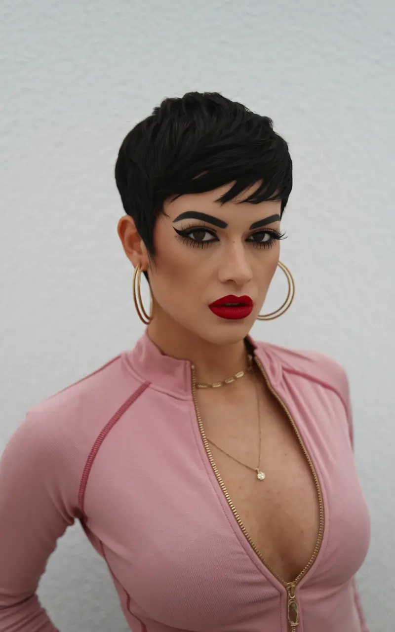 pixie haircuts for summer Layered Jet Pixie with Bold Bang Drama