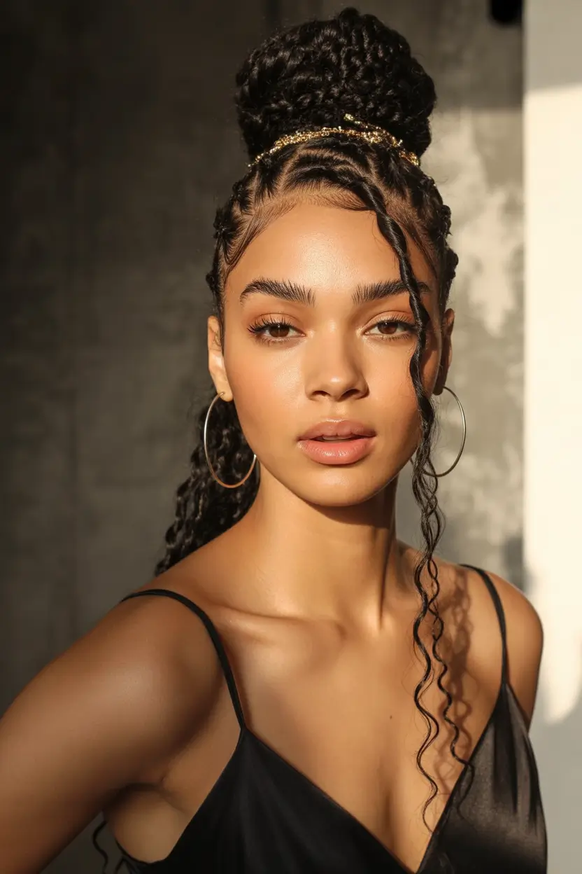 Summer Braids You'll Love - Hairstyle Ideas 2025 Gold-Wrapped Braided Bun with Curly Accent