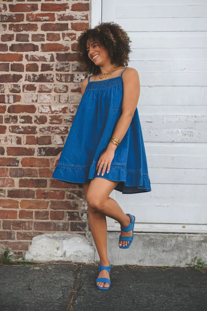 Basic outfits for summer 2025 Denim Dress and Blue Sandals for a Carefree Mood
