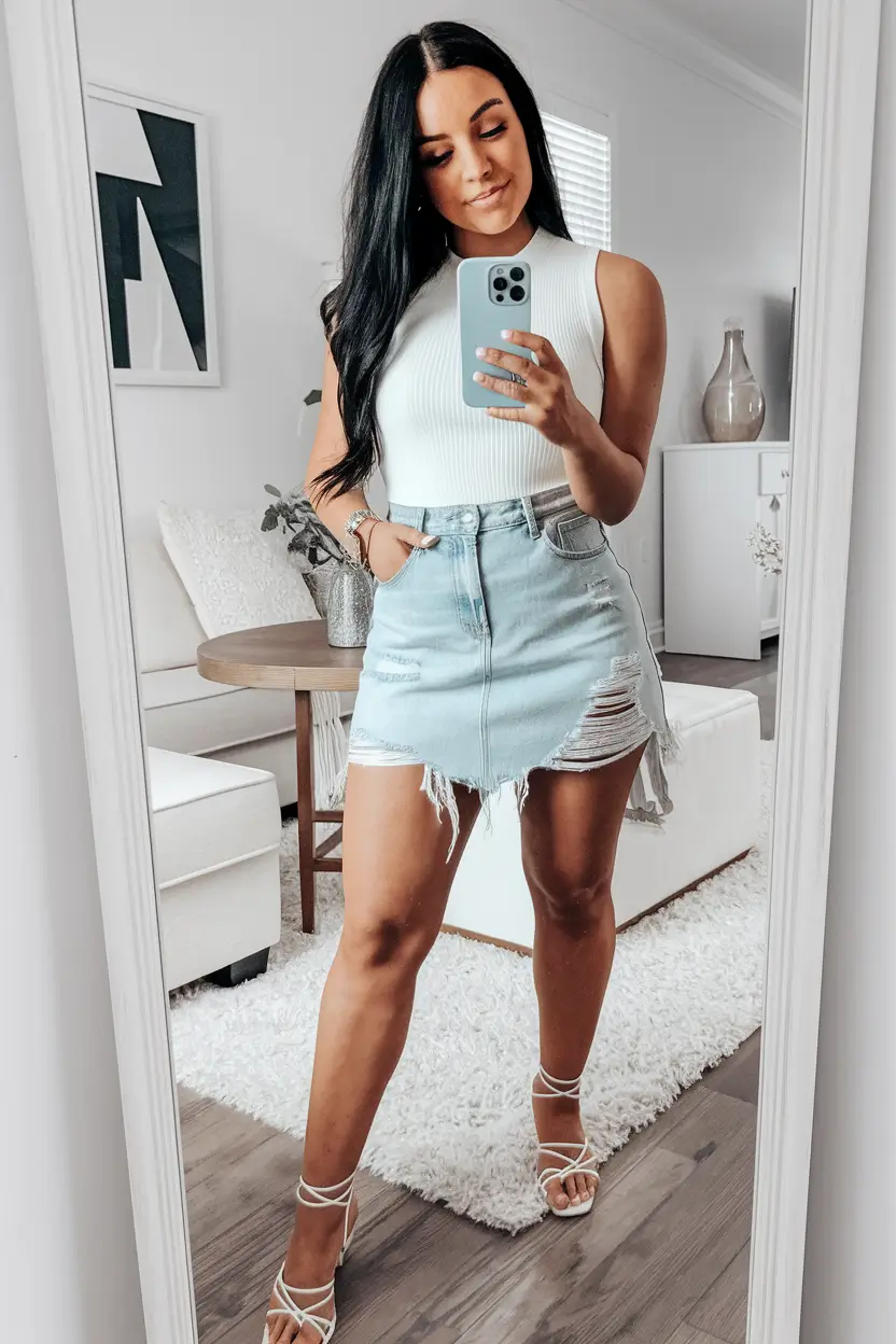 Basic outfits for summer 2025 Modern Edge with a Distressed Denim Mini Skirt