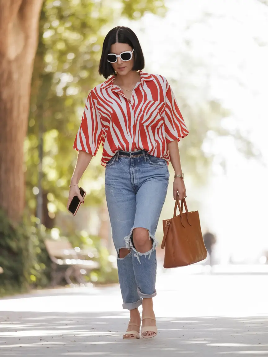 Basic outfits for summer 2025 Playful Power with Graphic Print and Distressed Denim