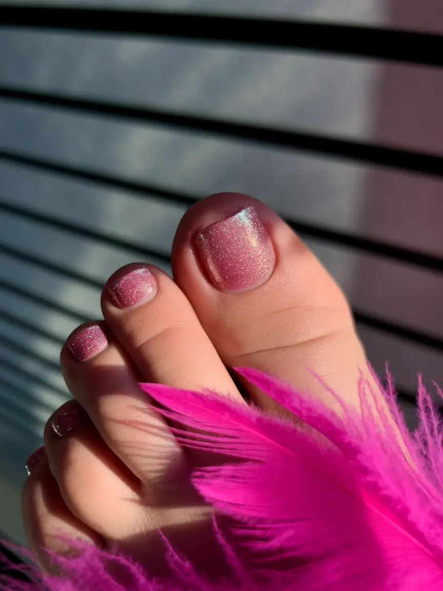 Beach Toe Nails for Summer 2025 Soft Rose Shimmer with Sunset Light