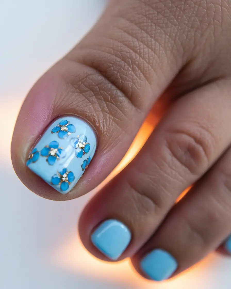 Beach Toe Nails for Summer 2025 Delicate Floral Blues on Sky Polish