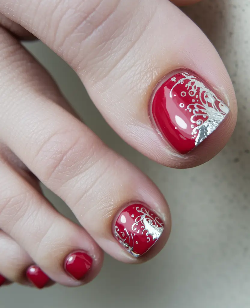 Bold Toe Colors for Summer 2025 Red with Silver Scroll Accent