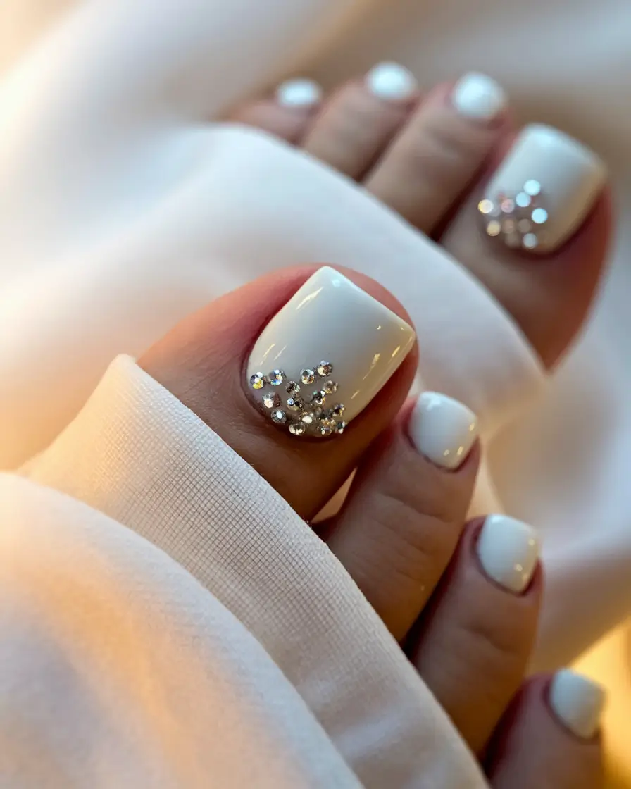 Bold Toe Colors for Summer 2025 White Chrome with Rhinestone Clusters