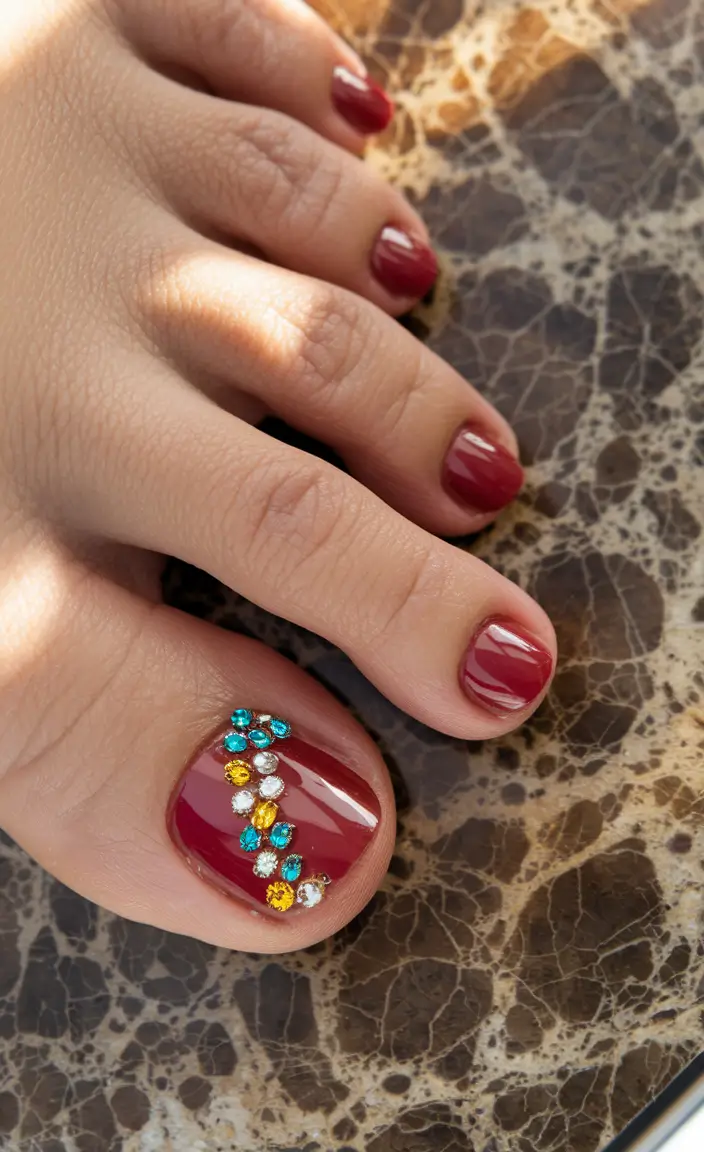 Bold Toe Colors for Summer 2025 Garnet Shimmer with Jewel Accent