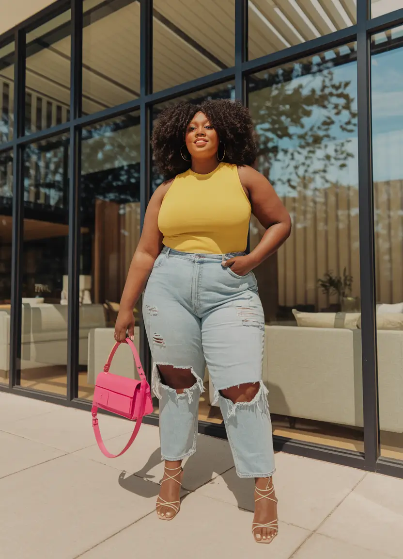 curvy outfits ideas summer 2025 Sun-Bright Confidence Meets Distressed Denim
