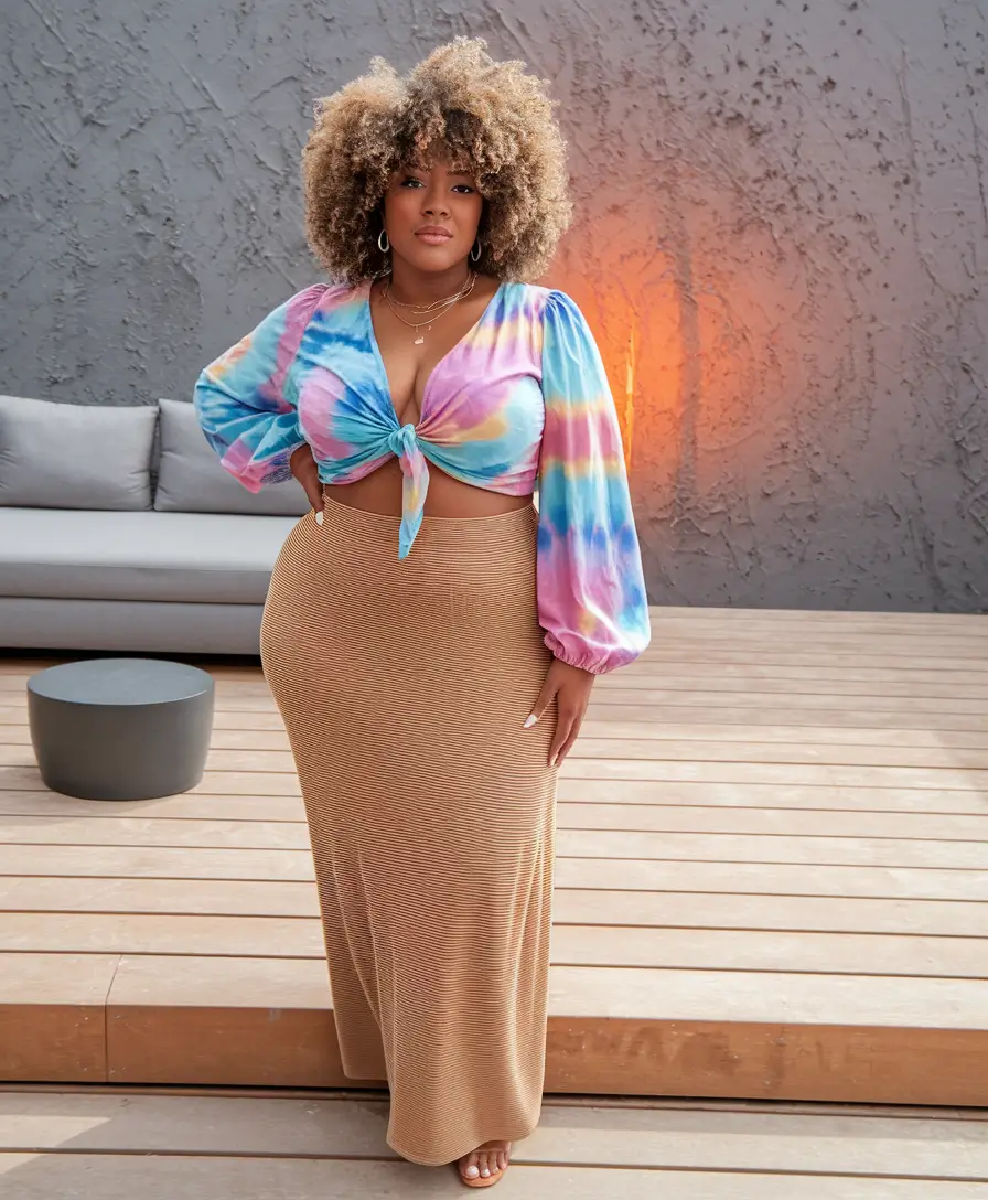 curvy outfits ideas summer 2025 Tie-Dye Energy and Soft-Skirt Chic