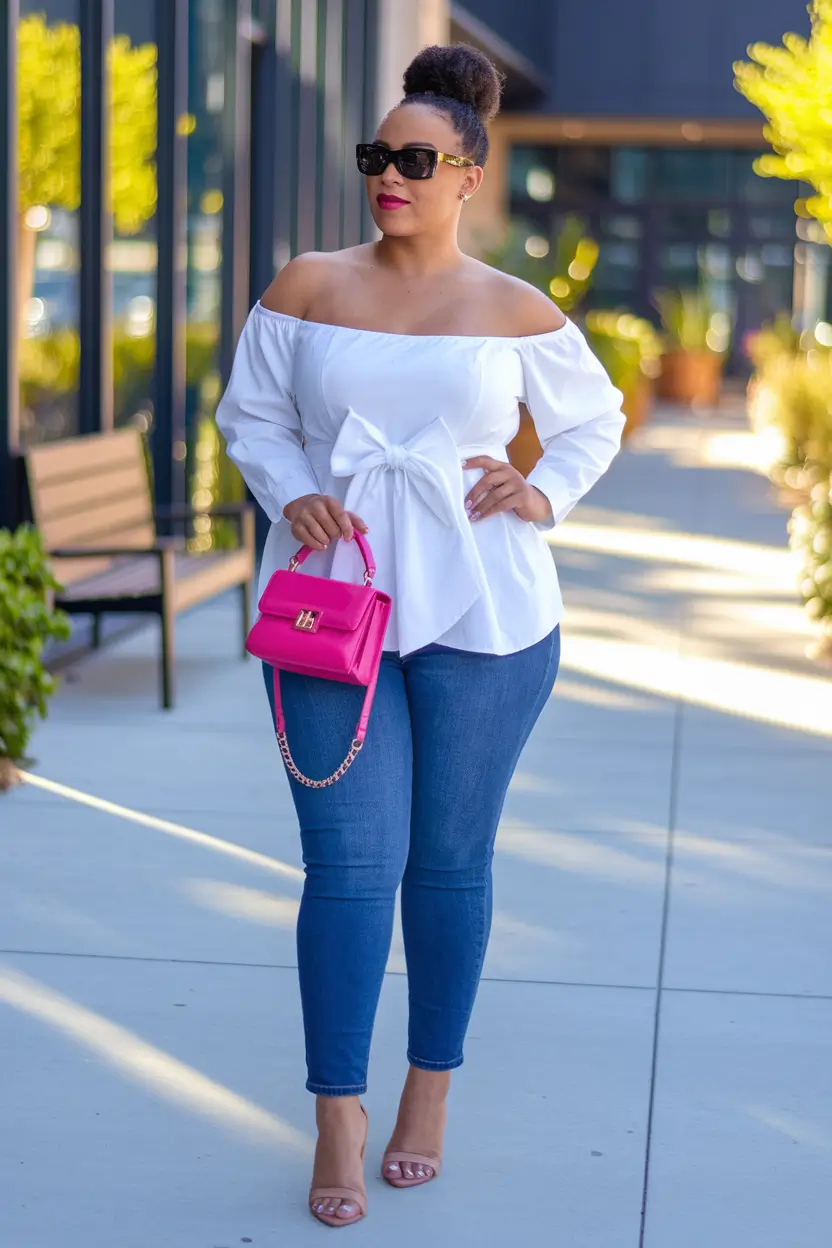 curvy outfits ideas summer 2025 Playful Polish in Denim and Off-Shoulder Drama