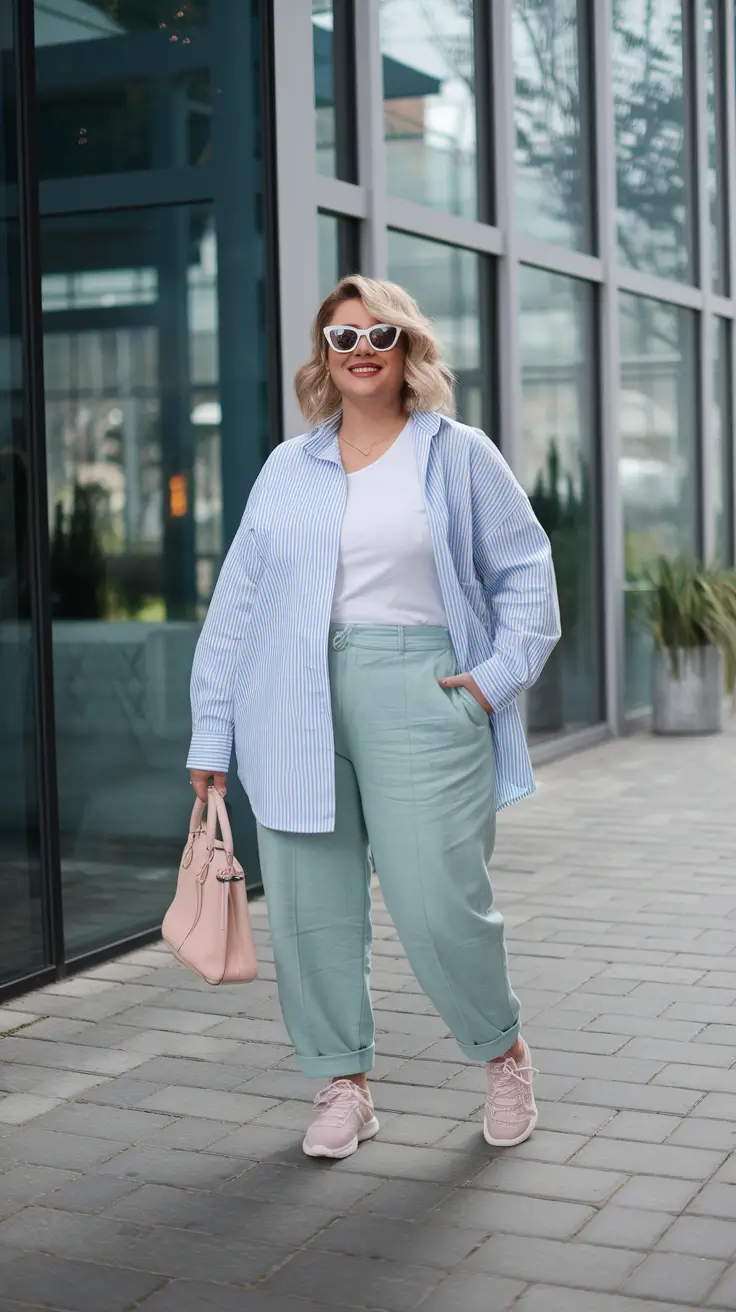 curvy outfits ideas summer 2025 Mint & Sky: Soft Tailoring with Street Vibes