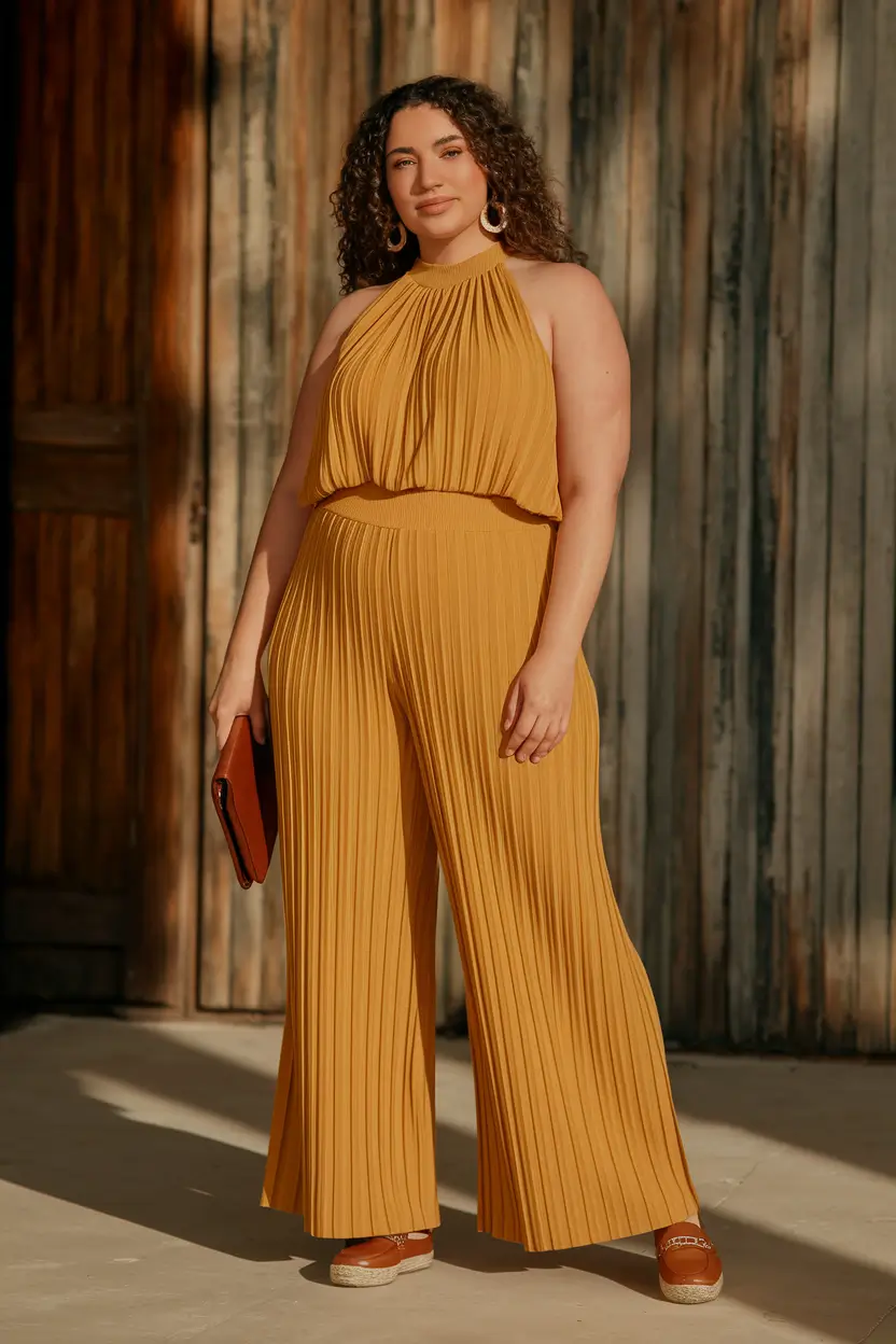 curvy outfits ideas summer 2025 Golden Hour Goddess in Pleats