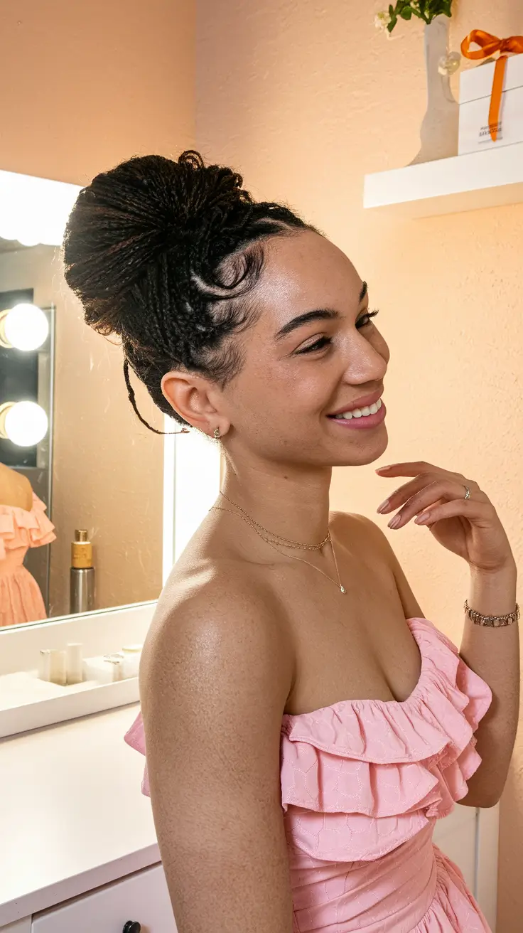 cute natural summer hairstyles High Braided Bun with Swirled Edges