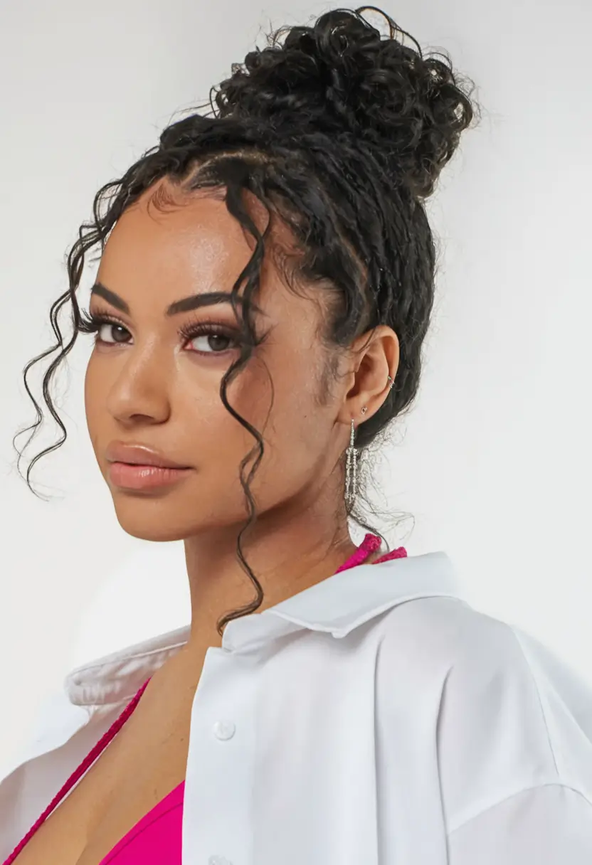 cute summer hairstyles natural hair Textured Top Knot with Curly Tendrils