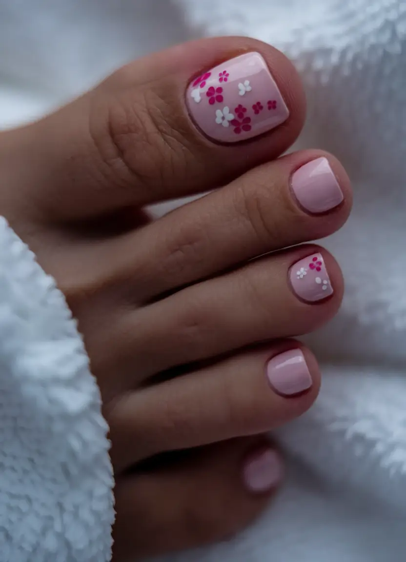 Cute Summer Toe Nails for 2025 Mini Blooms on a Soft Pink Canvas