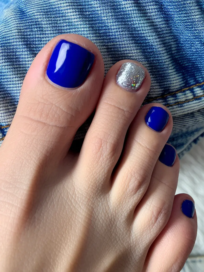 Cute Summer Toe Nails for 2025 Electric Blue with a Silver Twist