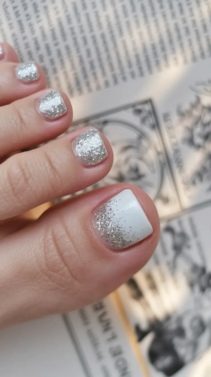Cute Summer Toe Nails for 2025 Silver-Dusted White Glitter