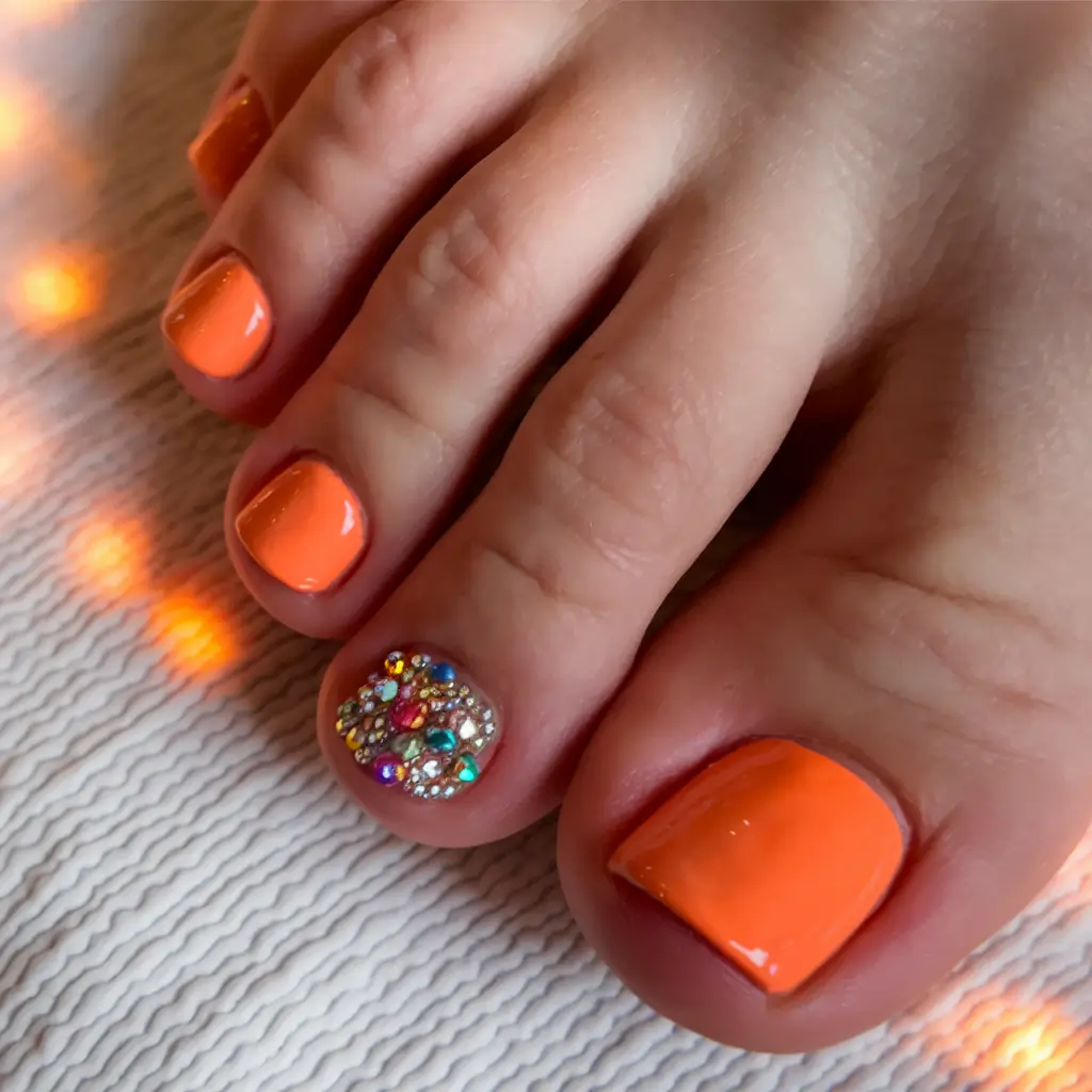 Cute Summer Toe Nails for 2025 Juicy Tangerine with Sparkle Drama