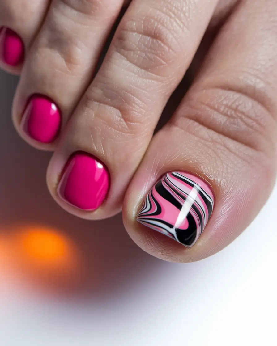 Cute Summer Toe Nails for 2025 Hot Pink Meets Psychedelic Swirls