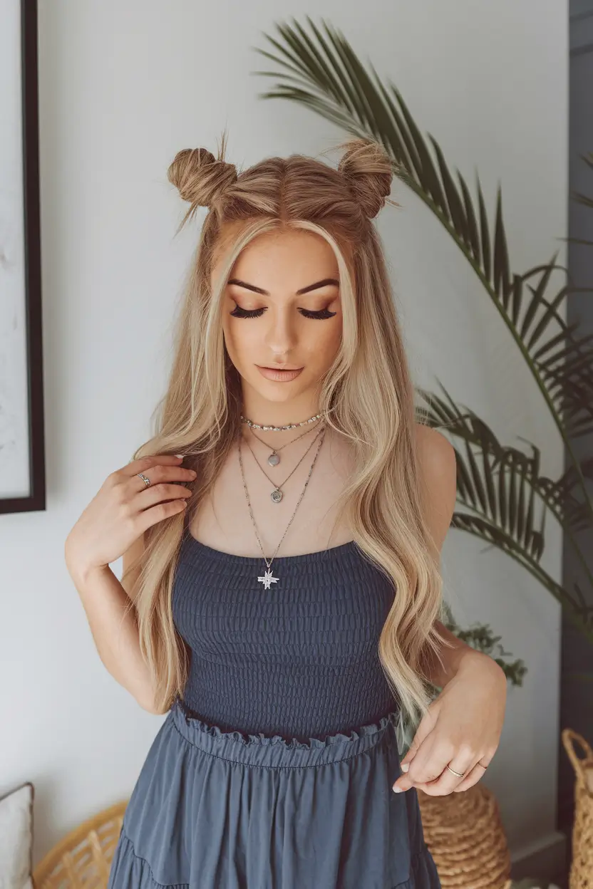easy & Cute hairstyles - Summer 2025 Half-Up Space Buns for a Playful Glow-Up