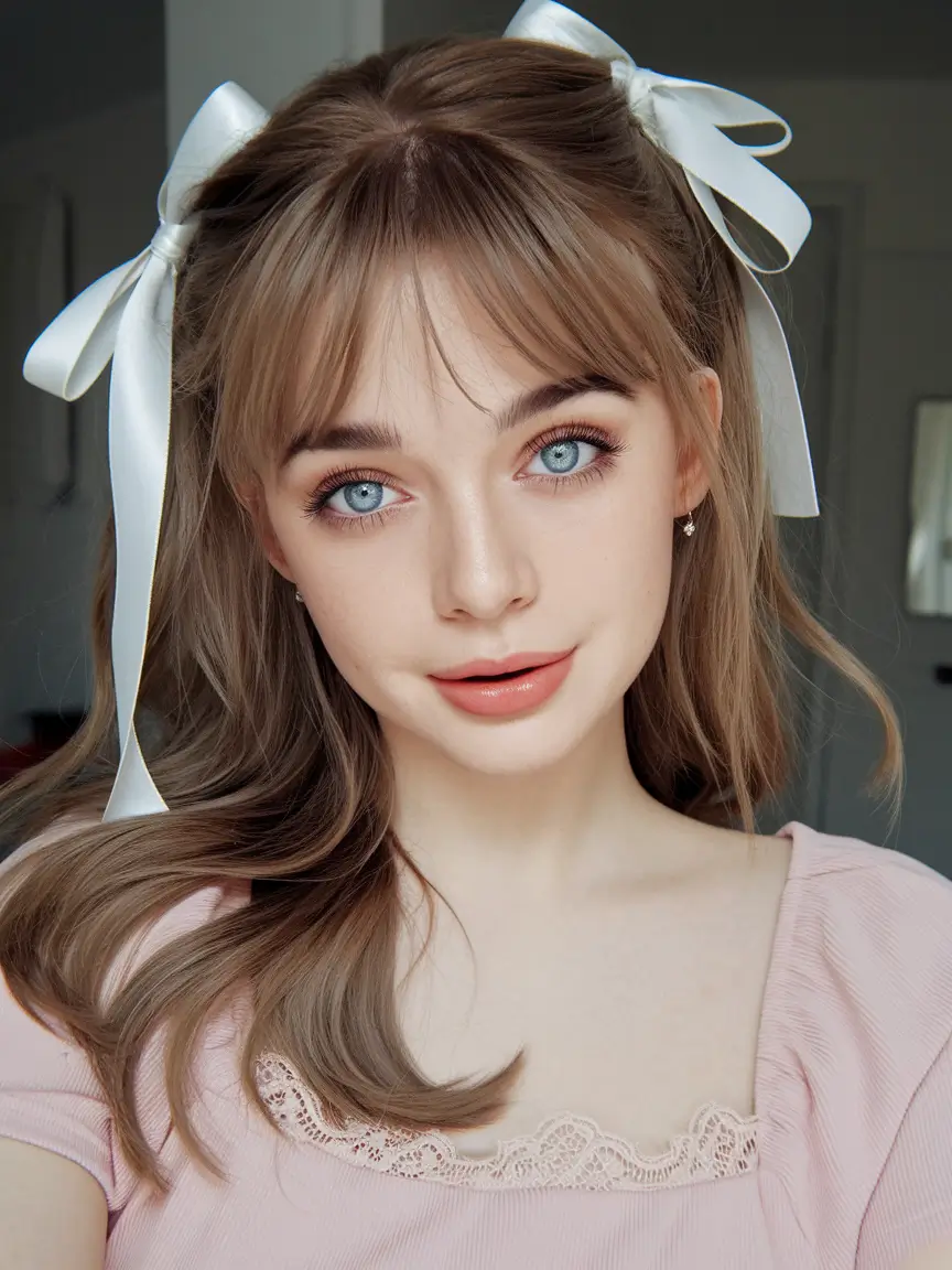 Fresh Summer Hairstyles for Teen Girls 2025 Sweet Ribbons and Curtain Bangs Combo