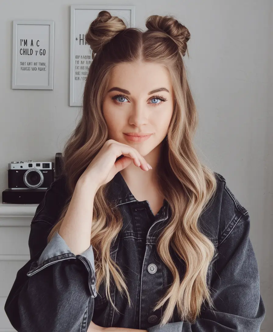 Fresh Summer Hairstyles for Teen Girls 2025 Space Buns with Loose Glam Waves
