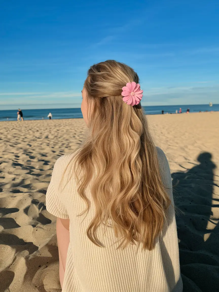 Fresh Swimming Hairstyles for Summer 2025 Loose Half-Up Waves with Floral Clip
