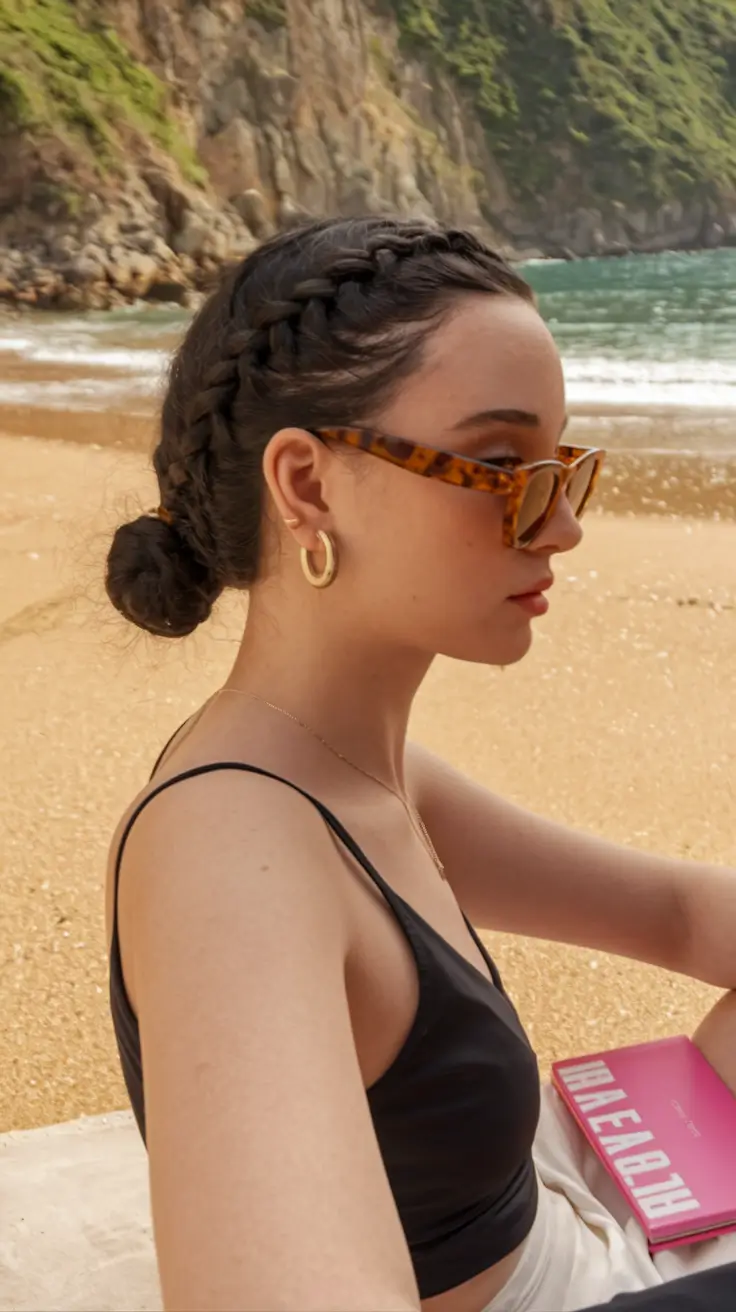 Fresh Swimming Hairstyles for Summer 2025 Double Braided Crown into Low Bun