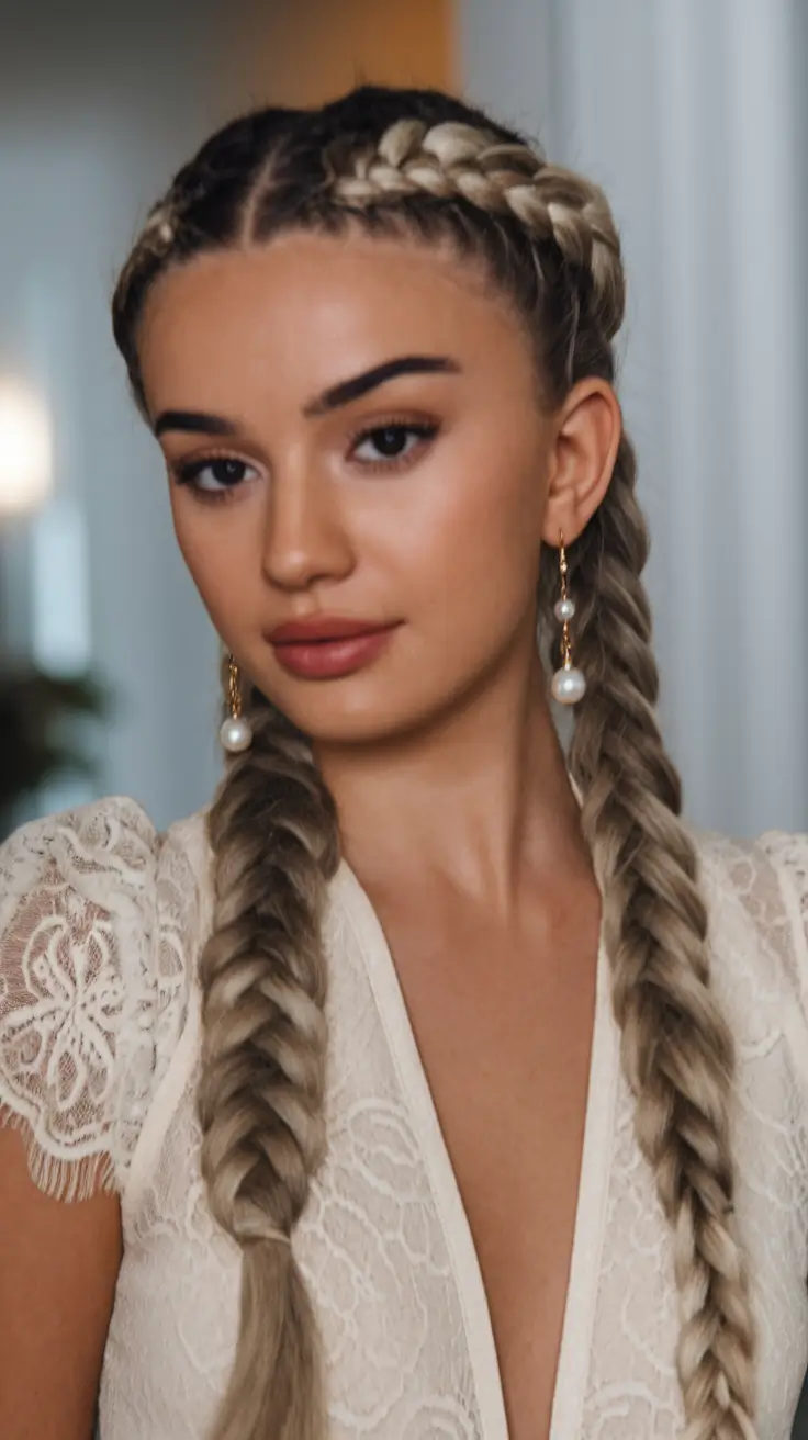 Fresh Swimming Hairstyles for Summer 2025 Neat Twin Braids with Sleek Center Part