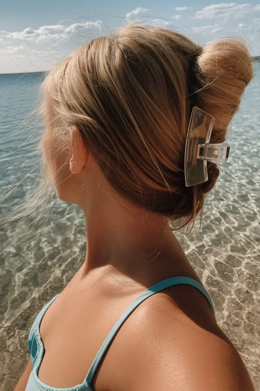 Fresh Swimming Hairstyles for Summer 2025 French Twist Bun with Clear Claw Clip