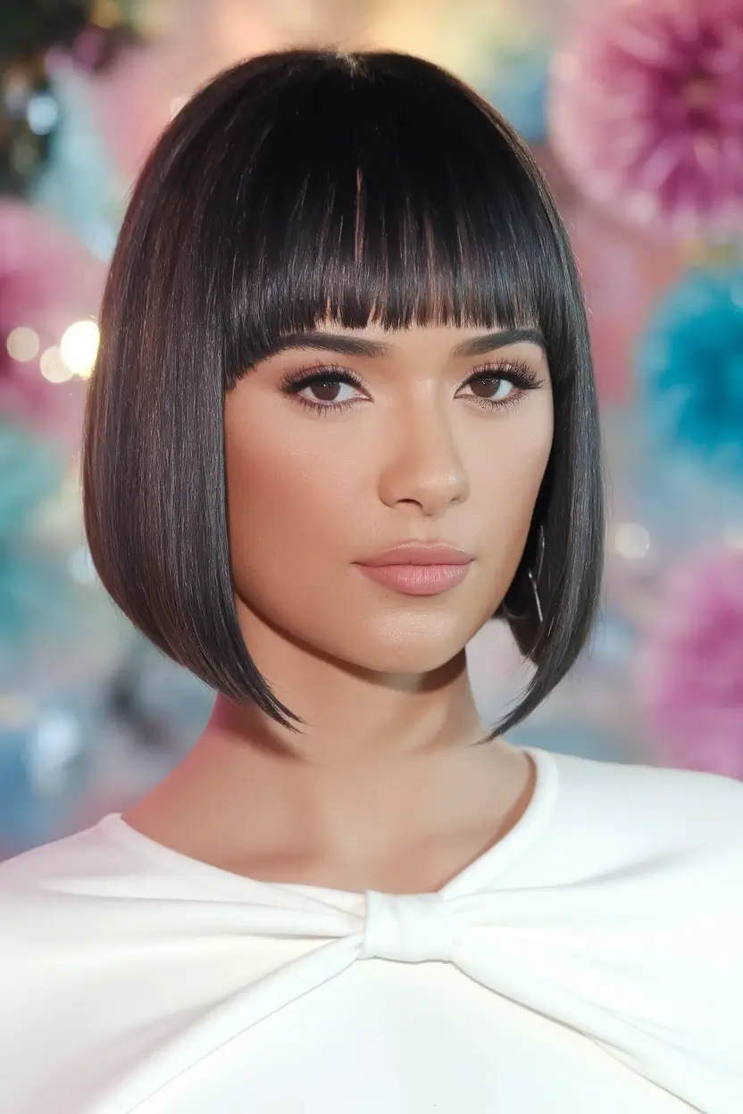 Fresh Swimming Hairstyles for Summer 2025 Sharp Chin-Length Bob with Bangs