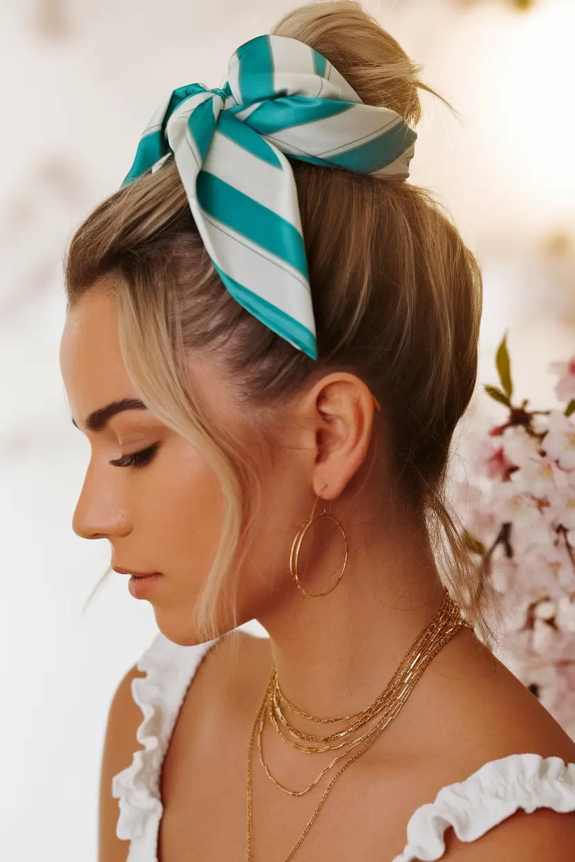 Fresh Swimming Hairstyles for Summer 2025 Top Knot with Statement Silk Scarf