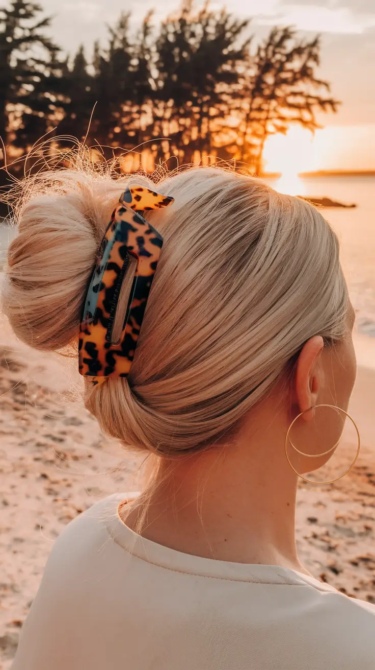 Fresh Swimming Hairstyles for Summer 2025 French Twist Bun with Leopard Claw Clip