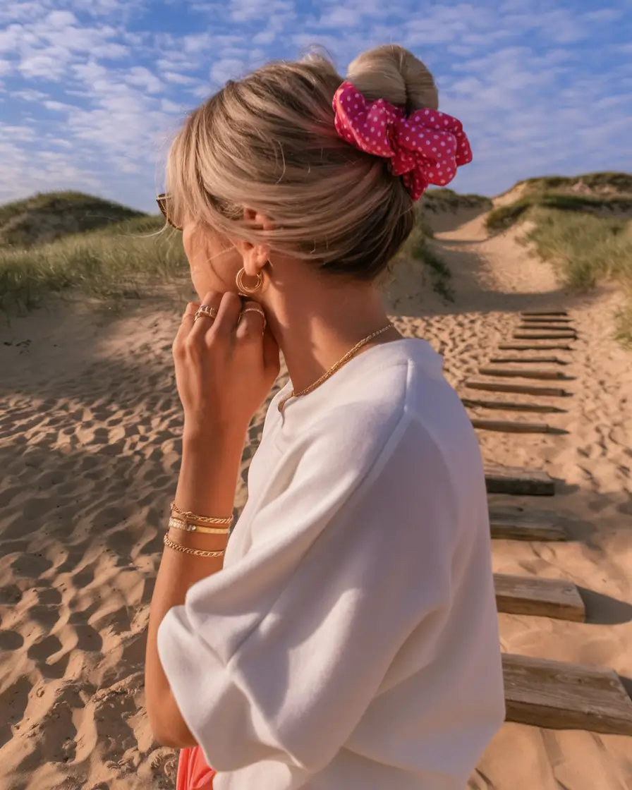 Fresh Swimming Hairstyles for Summer 2025 Scrunchie Bun with Retro Flair