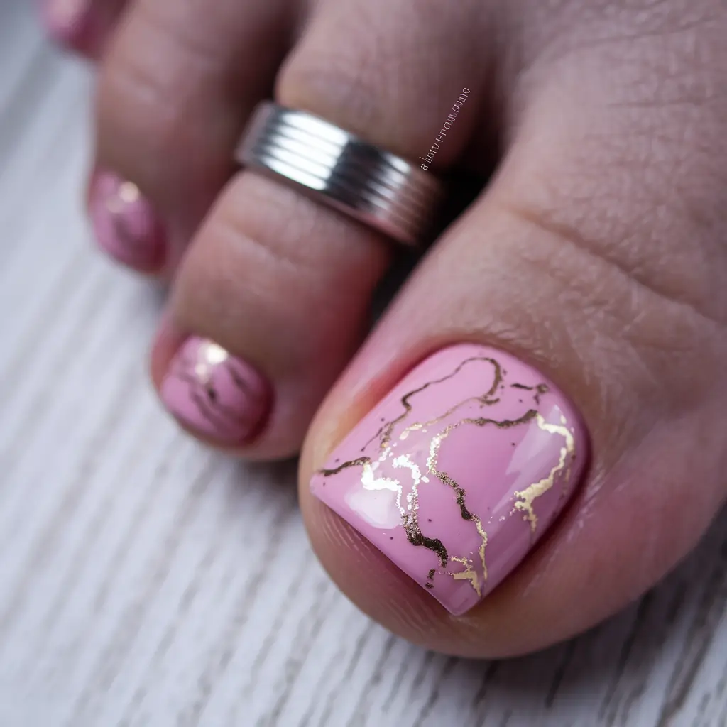 June 2025 Toe Nails for Sandal Season Modern Marble in Baby Pink with Gold