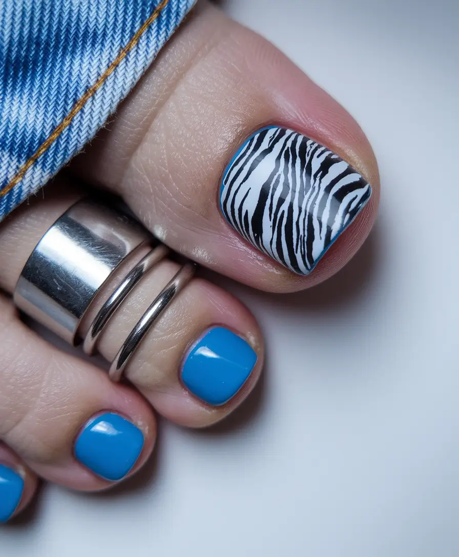 June 2025 Toe Nails for Sandal Season Zebra Meets Sky Blue