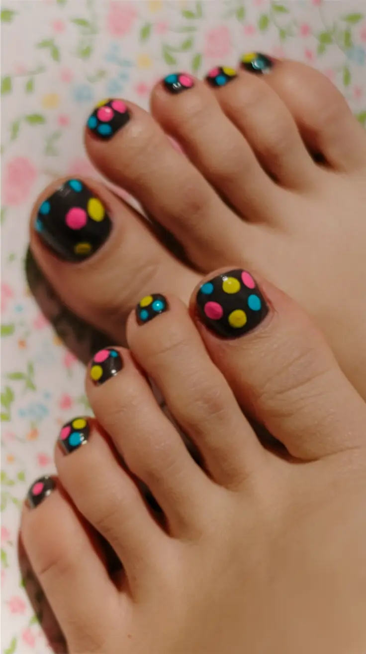 June 2025 Toe Nails for Sandal Season Retro Dot Party on Black