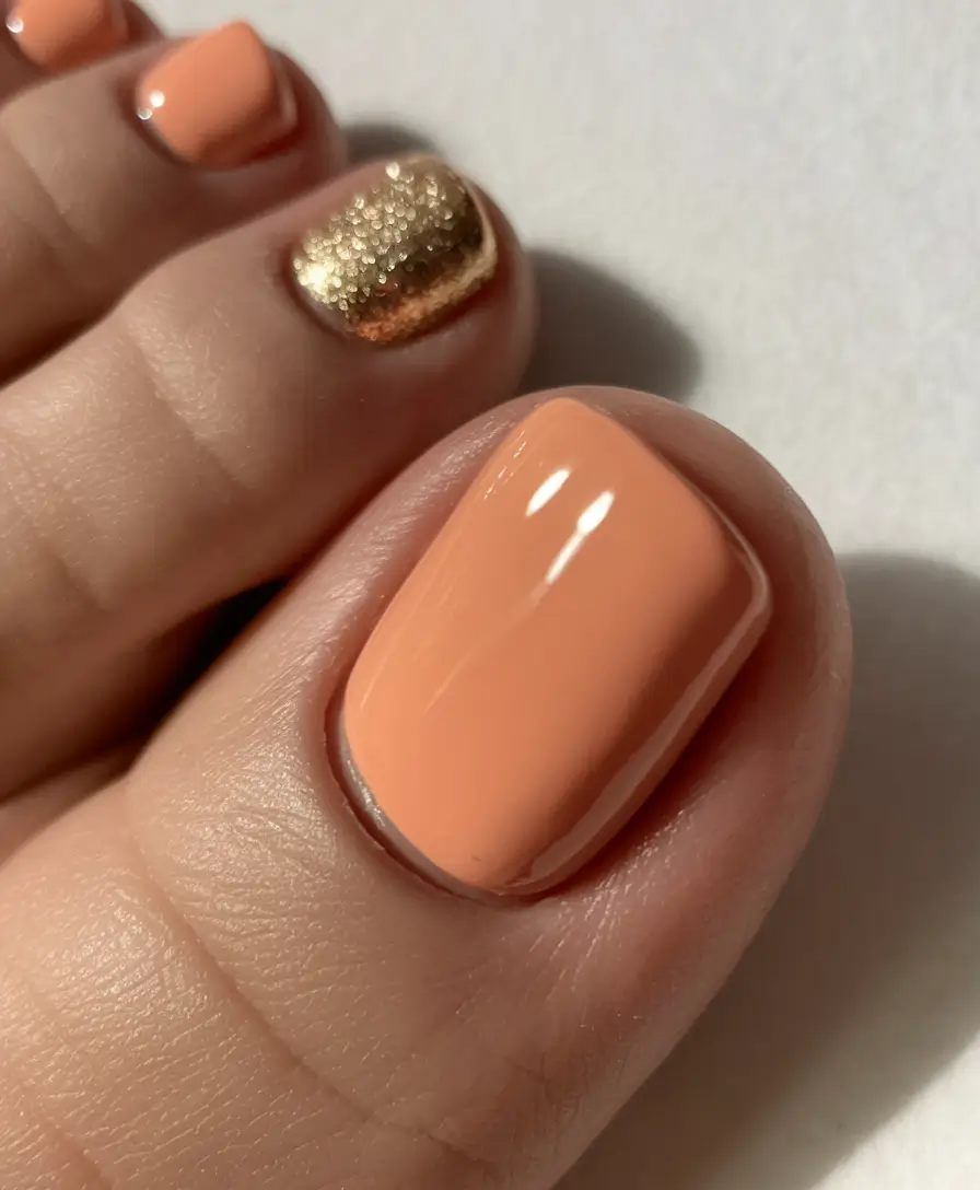 June 2025 Toe Nails for Sandal Season Peach Pop with Gold Accent