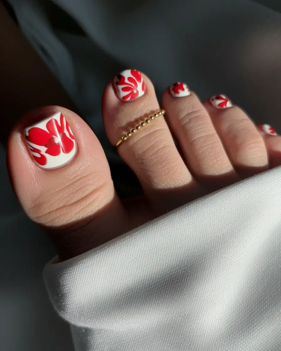 June 2025 Toe Nails for Sandal Season Retro Hibiscus Floral on White