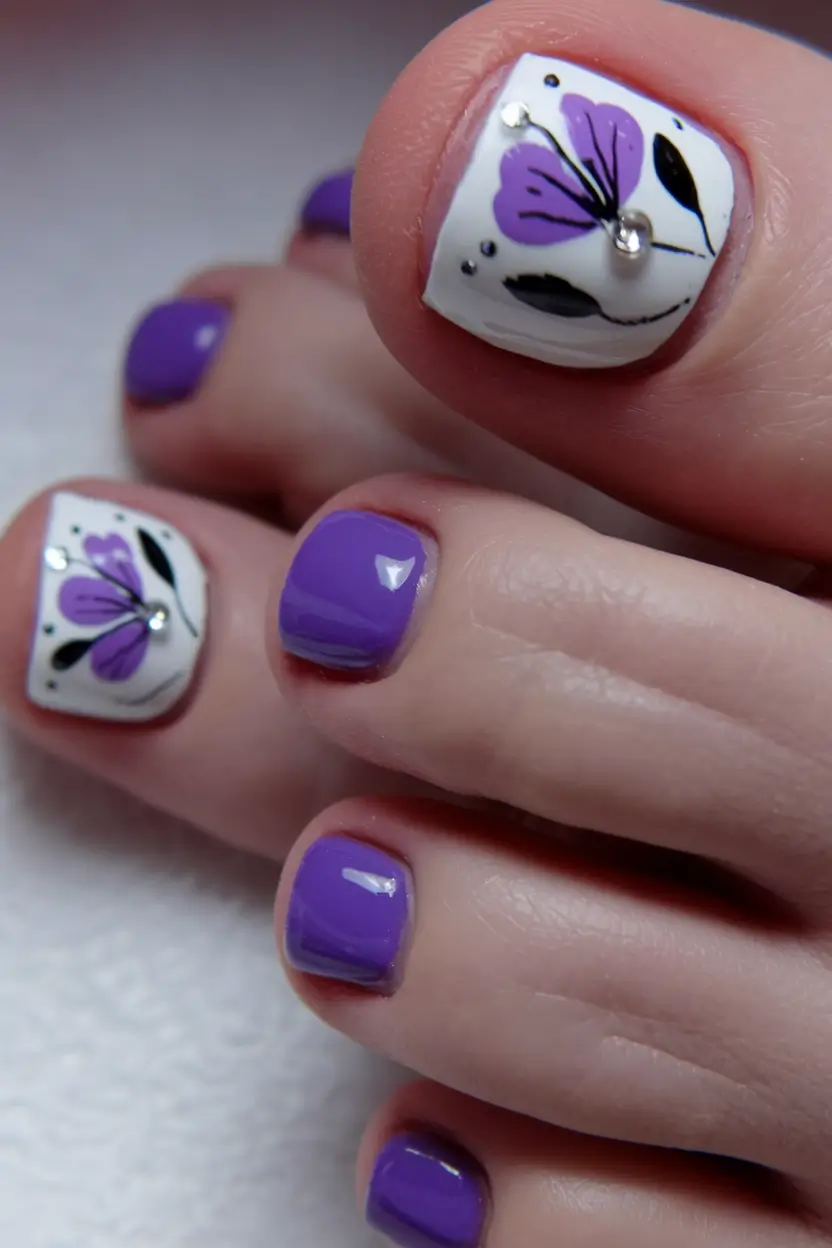 June 2025 Toe Nails for Sandal Season Lavender Blossoms with Gem Detail