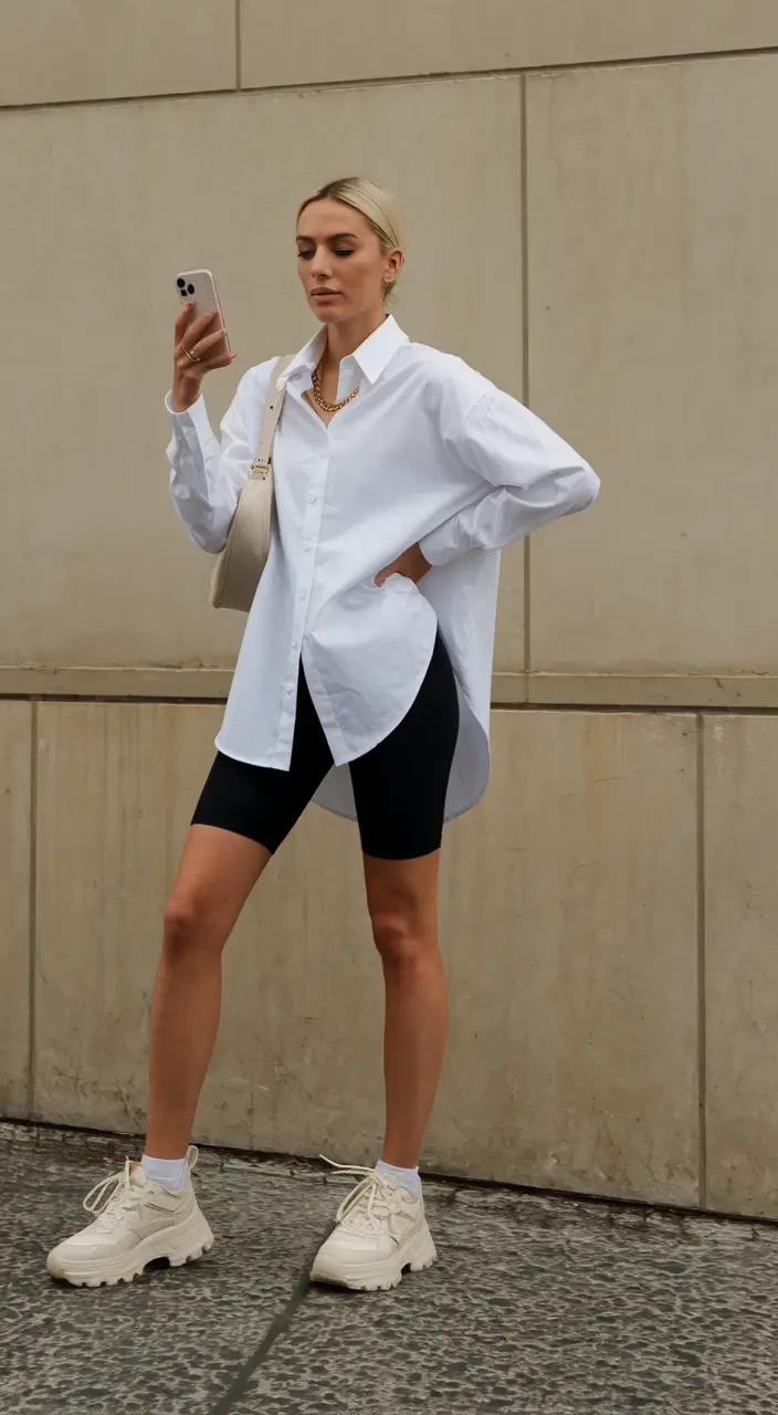 Oversized outfits for the summer of 2025 Clean White Shirt & Bike Shorts Minimalism