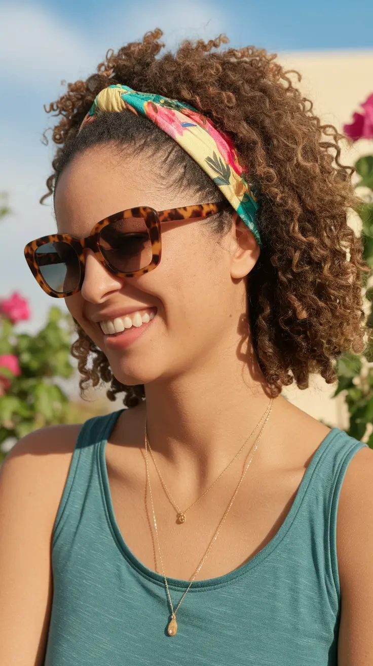 pool day hairstyles curly hair Textured Puff with a Tropical Headband