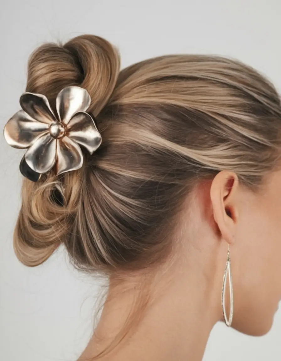 updo Twisted French Roll with Gold Flower Clip