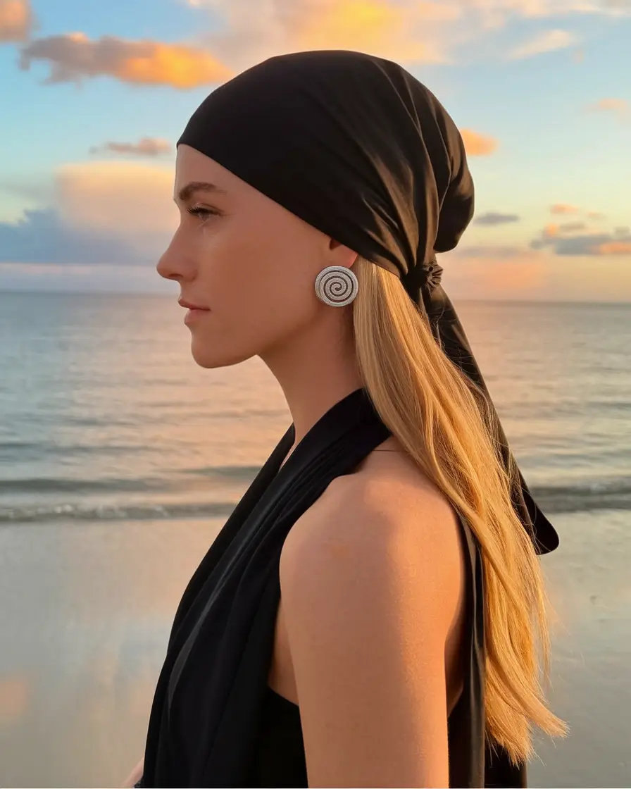 pool day hairstyles with hat Silk Headwrap & Sleek Ends at Sunset