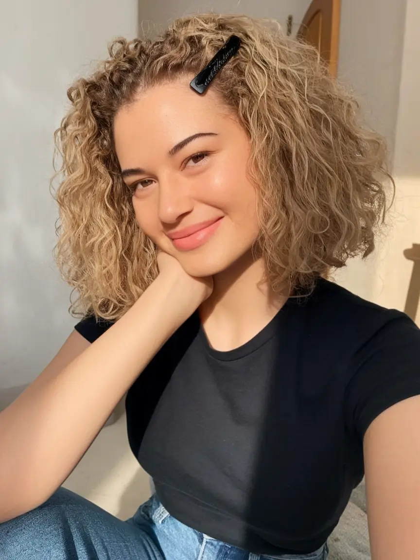 curly hair short Side-Pinned Blonde Curls for Summer Simplicity