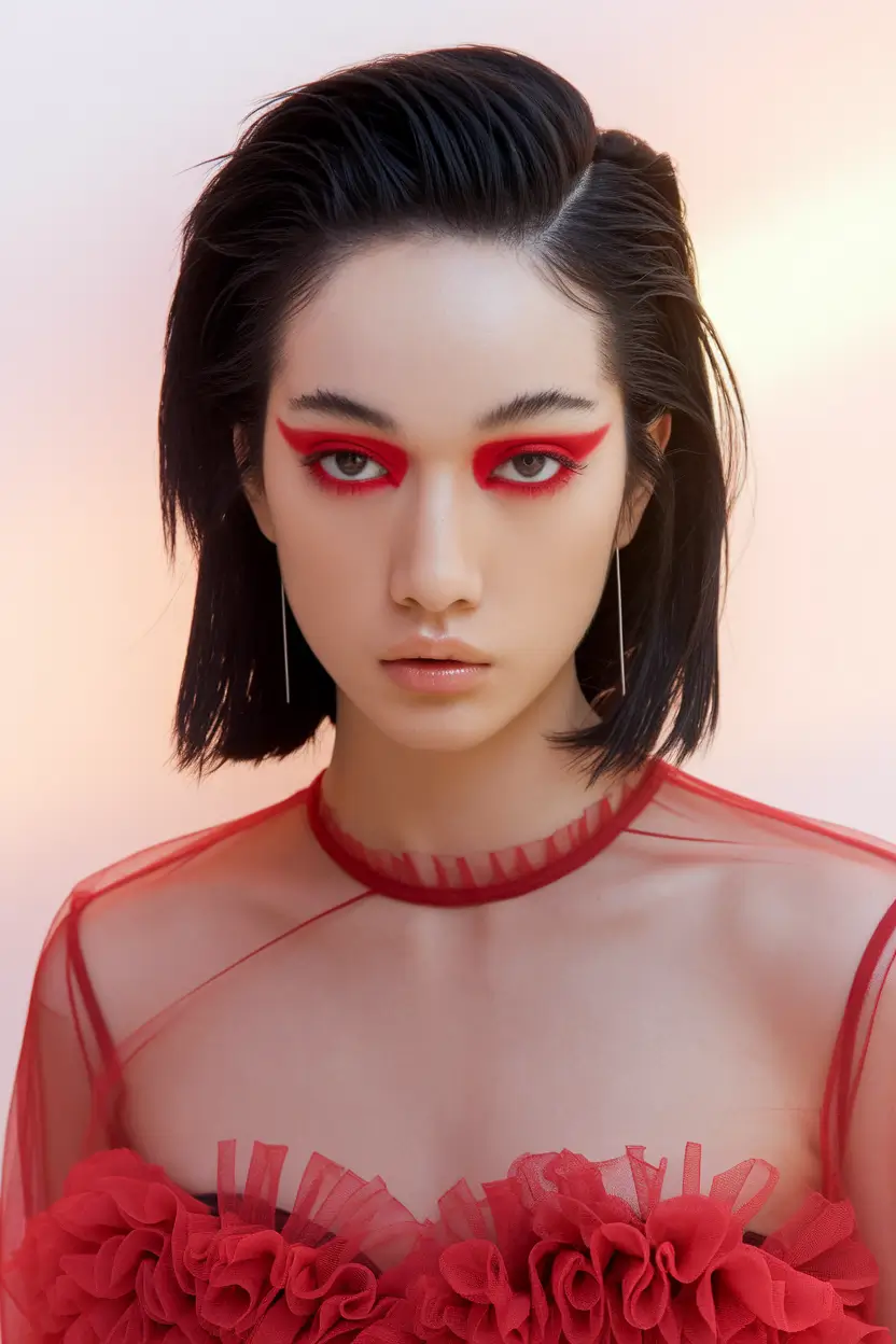 bob hair looks Slick Black Bob with Bold Red Makeup