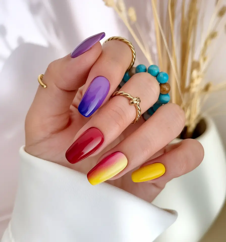 Summer 2025 Nail Designs to Try Sunset Fade with Jewel-Tone Drama