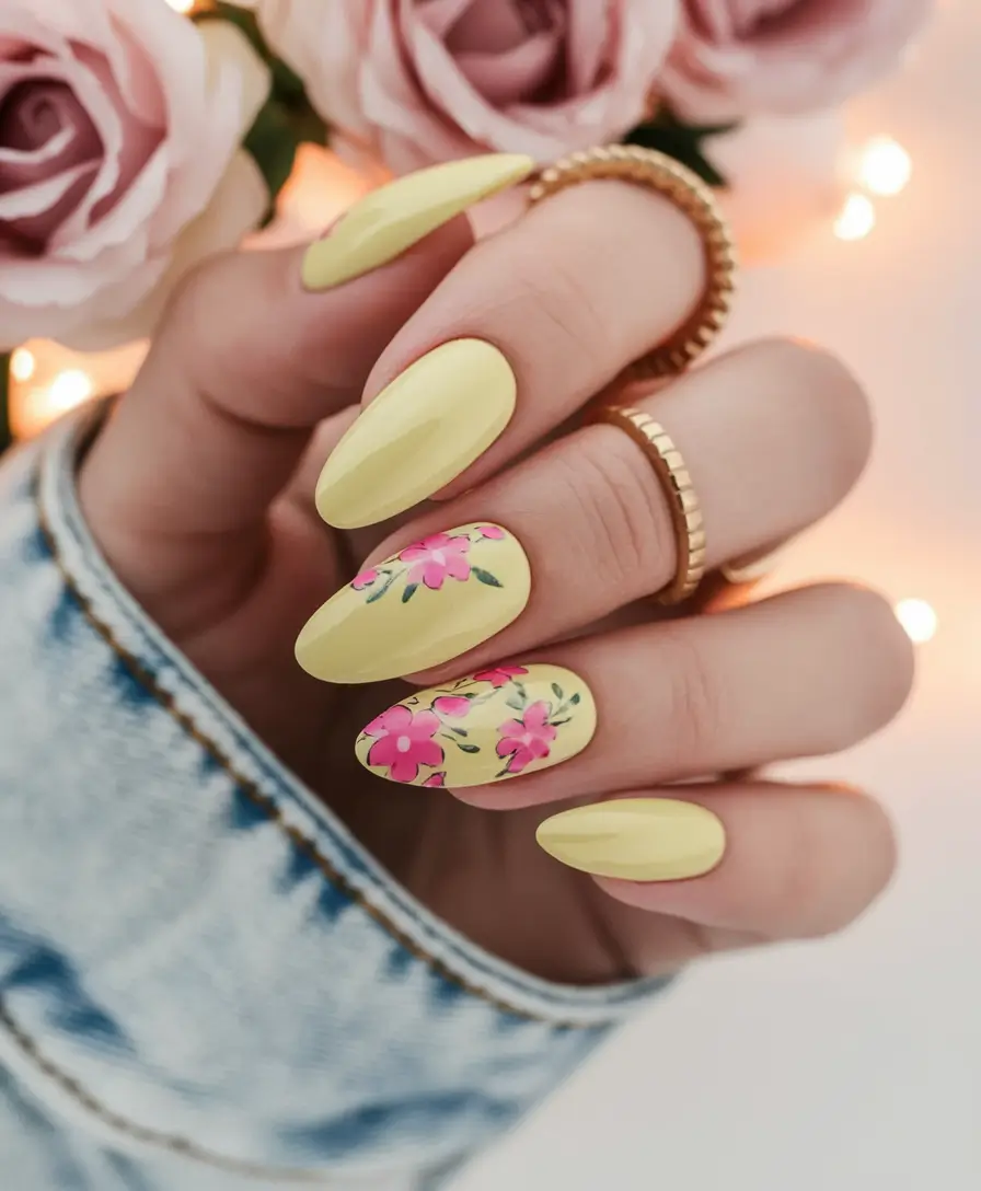 Summer 2025 Nail Designs to Try Pastel Florals on Soft Yellow